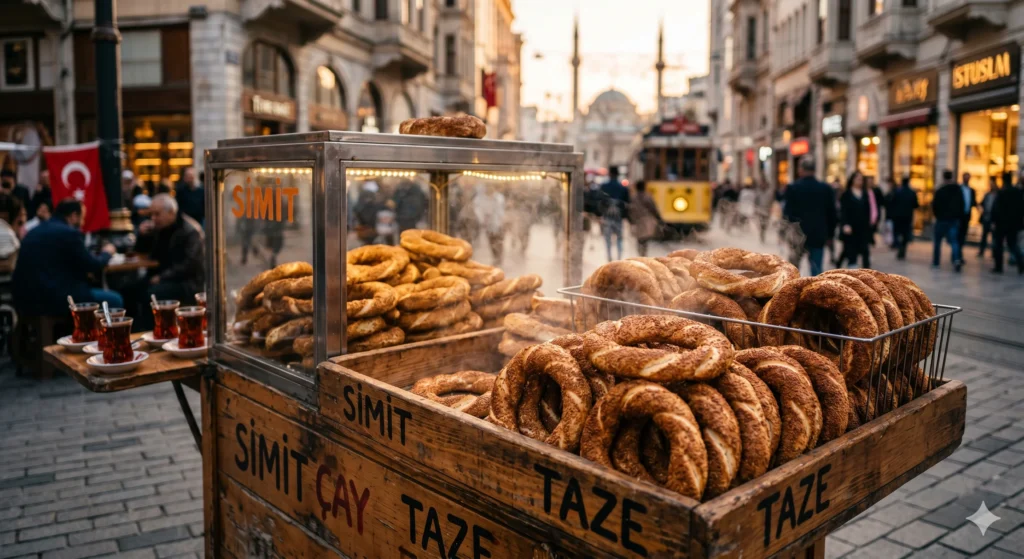 simit vendor cart on an Istanbul street — traditional Turkish street food