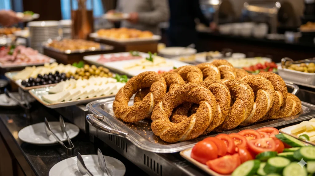 frozen simit rings on a hotel breakfast buffet tray