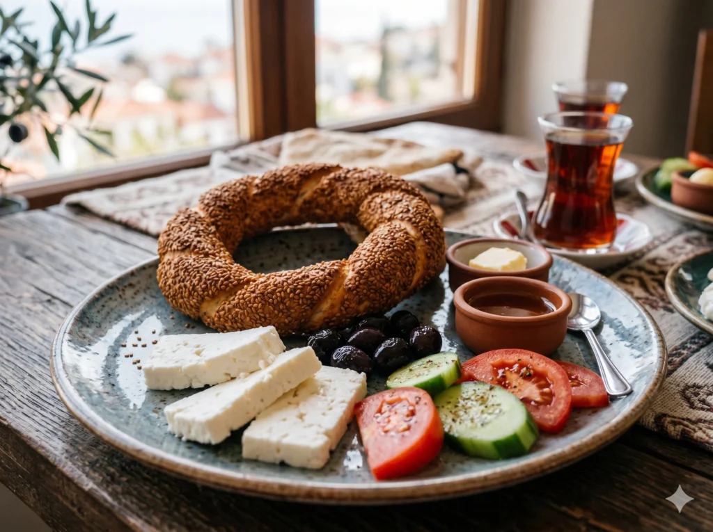 frozen simit served on a Turkish breakfast plate with white cheese, olives and tomatoes