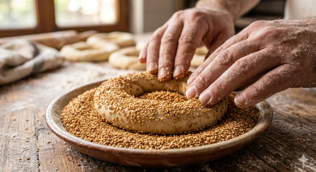 simit production — sesame seed coating on dough rings before baking