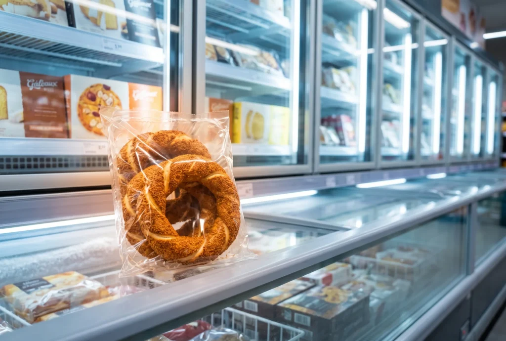 simit retail in a European supermarket frozen bakery aisle — Turkish sesame bread rings