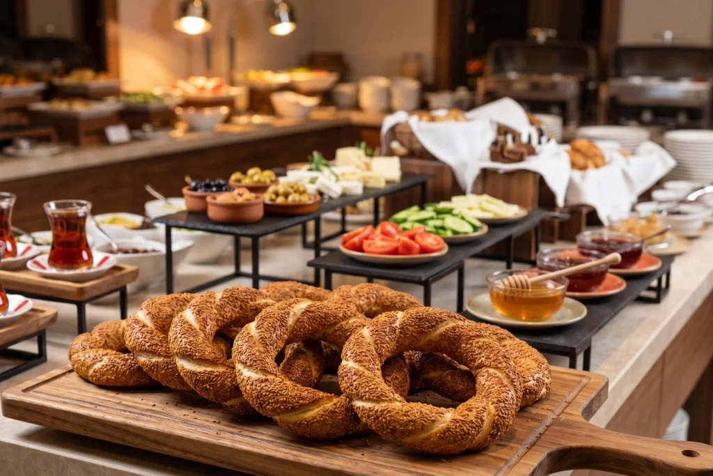 simit supplier for HoReCa — frozen Turkish sesame bread rings on a hotel breakfast buffet