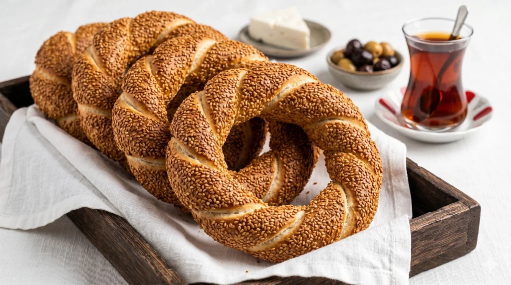 simit Turkish sesame bread rings on a wooden serving tray