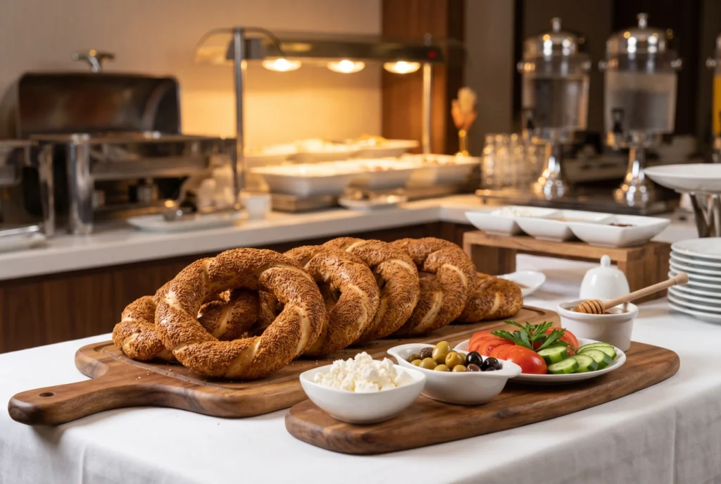 simit wholesale for HoReCa — frozen Turkish sesame bread on a hotel breakfast buffet