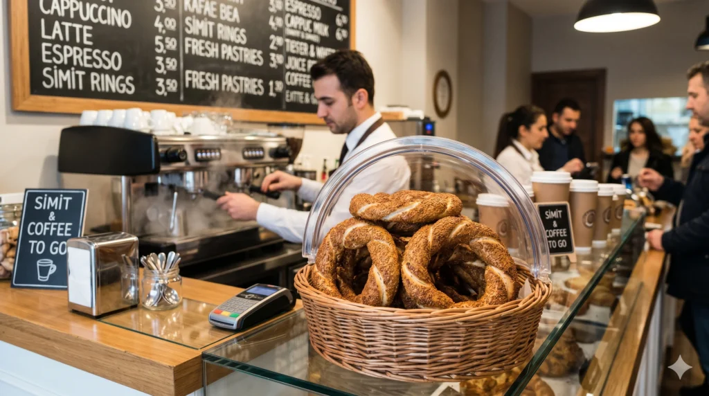 Turkish bagel displayed on a café counter alongside coffee — grab-and-go breakfast