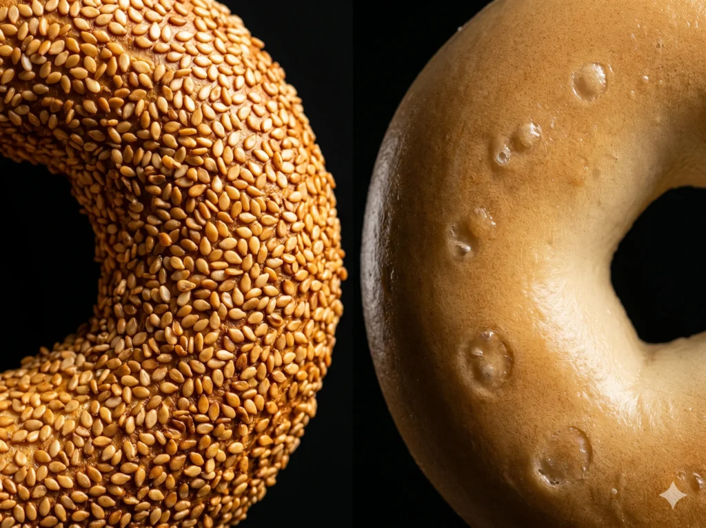 Turkish bagel sesame coating close-up — full surface coverage versus a plain bagel