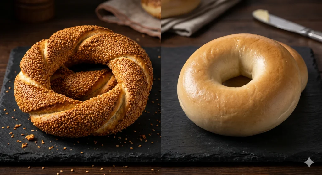 Turkish bagel simit next to a regular bagel — side by side comparison