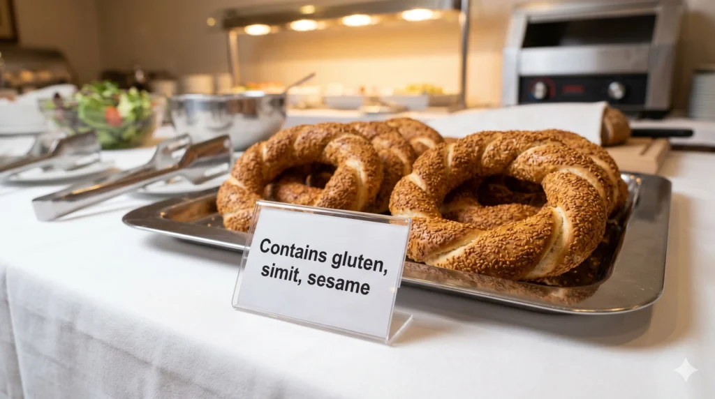 Turkish breakfast buffet station with allergen labels — hotel food service setup
