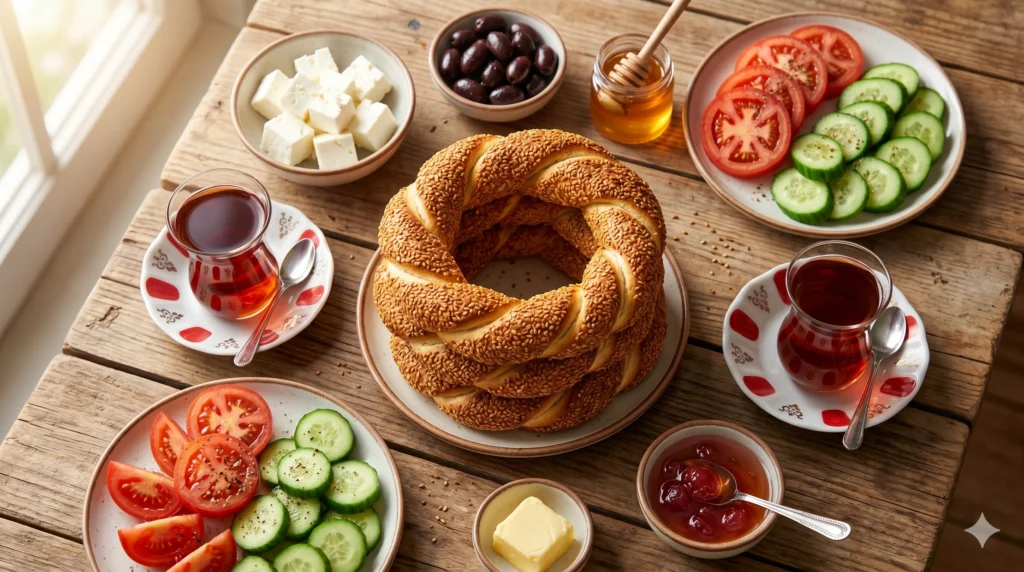 Turkish breakfast spread with simit sesame bread for hotel and café menu