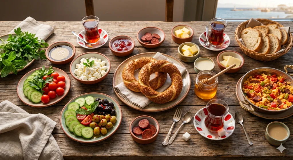 Turkish breakfast spread on a hotel table — simit, white cheese, olives, tomatoes and tea