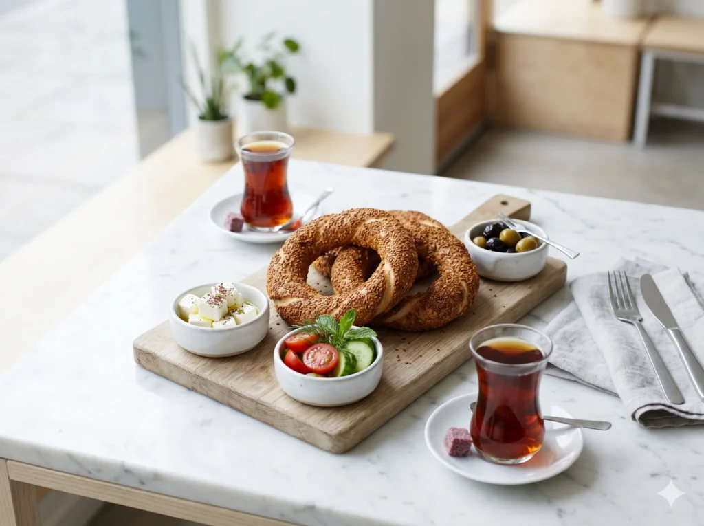 Turkish breakfast board for two at a café — simit, cheese, olives and tea