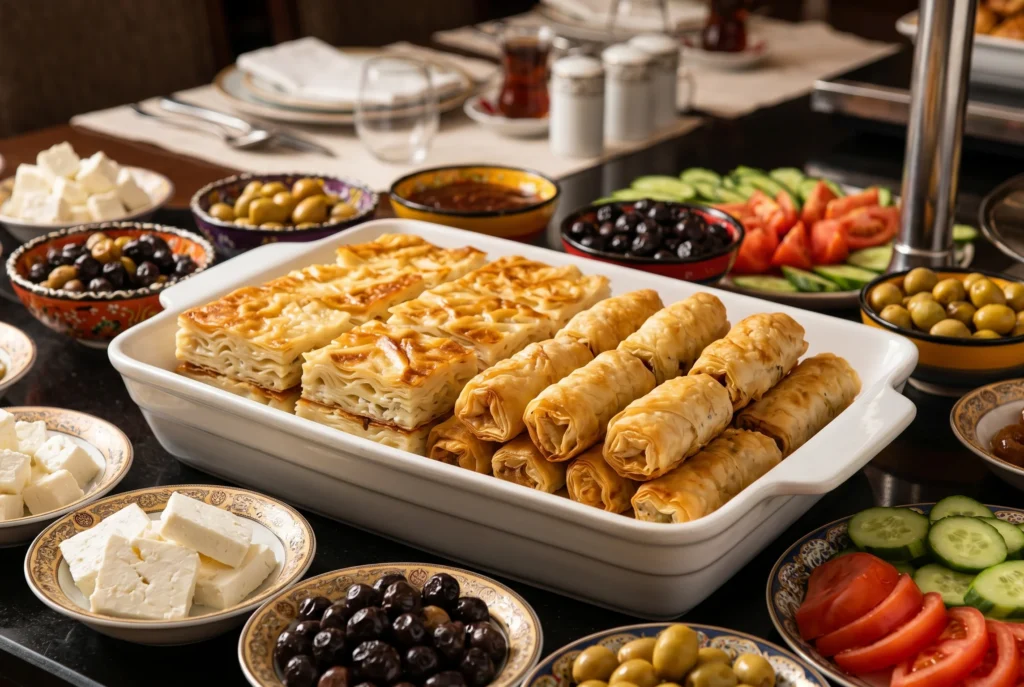 borek wholesale HoReCa supply — Turkish filo pastry on a hotel breakfast buffet