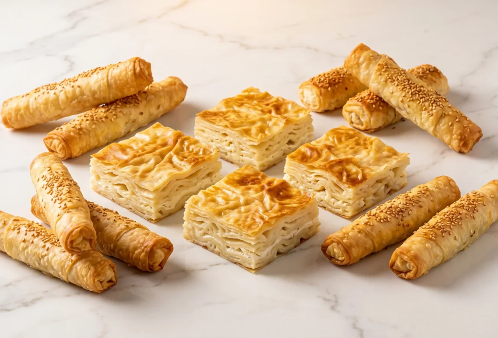 frozen borek Turkish filo pastry for European HoReCa and retail — cheese and spinach varieties