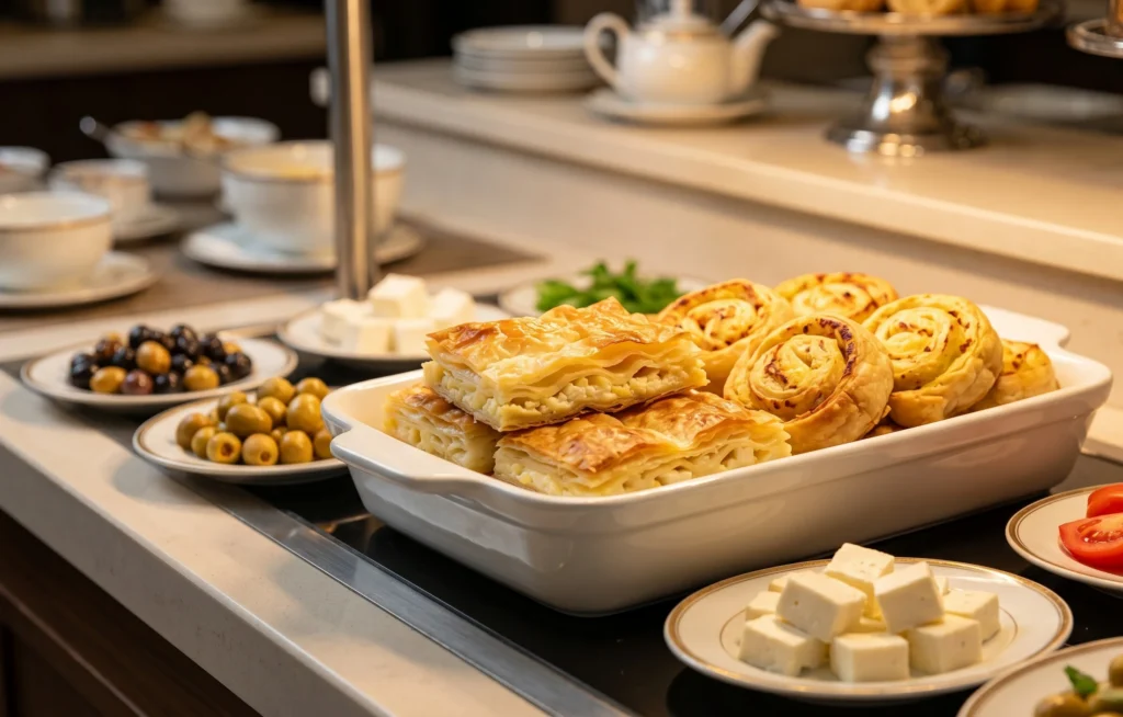 cheese borek on a hotel breakfast buffet and café counter — Turkish filo pastry for HoReCa