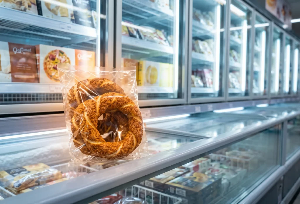 simit Europe retail — Turkish sesame bread in a European supermarket frozen bakery aisle