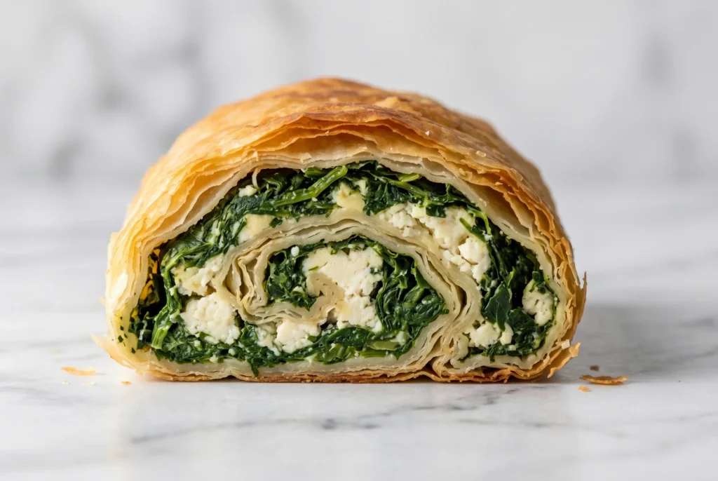 spinach borek quality — filo layers with spinach and cheese filling cross-section