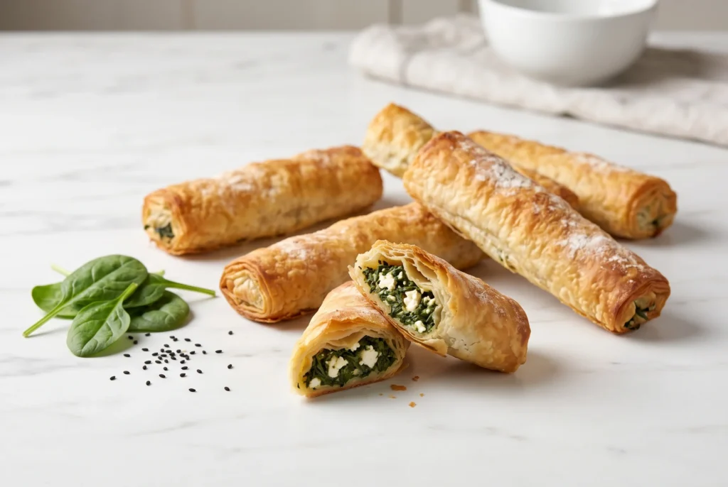 spinach borek varieties — rulo borek rolls with spinach and cheese filling