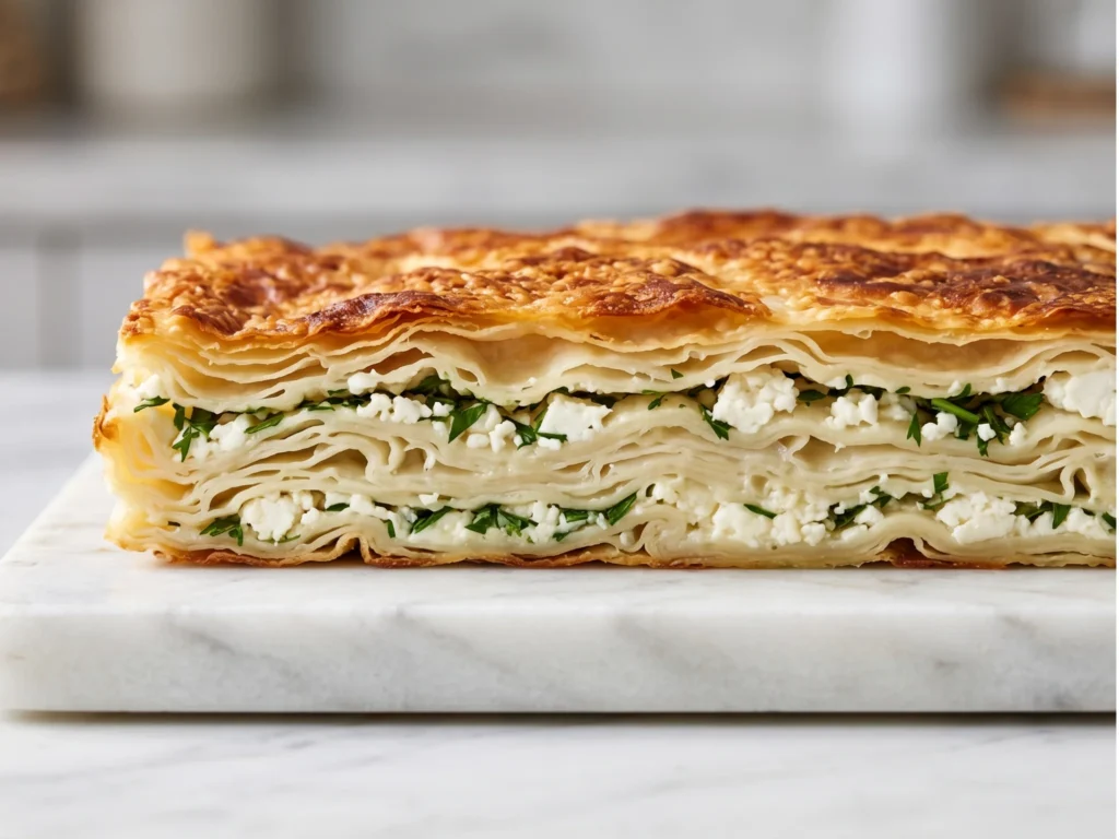 su borek production — layered filo pastry with white cheese filling cross-section