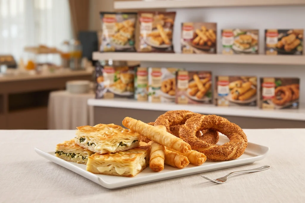Turkish pastry for European HoReCa and retail — borek and simit on a hotel breakfast buffet