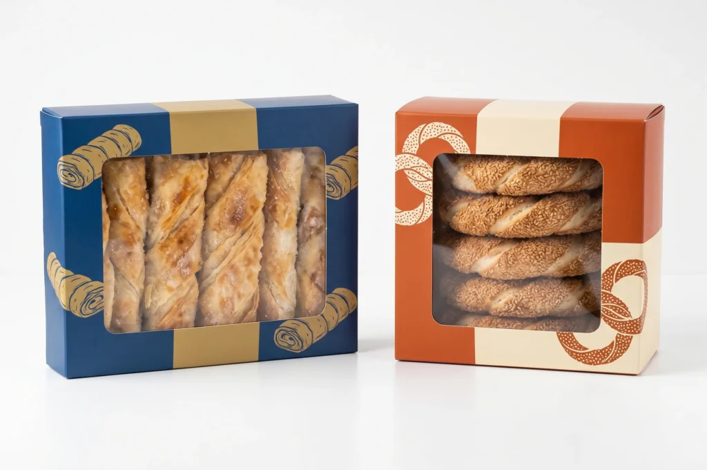Turkish pastry retail — borek and simit in European supermarket frozen bakery and private label
