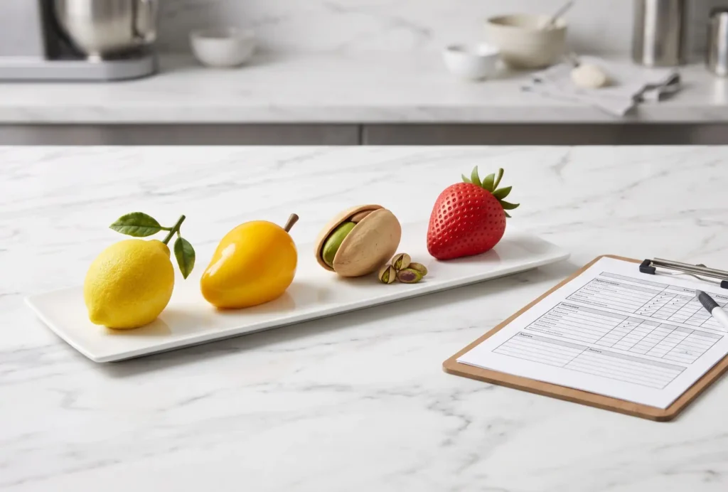 artisan cake producer evaluation — trompe-l'œil fruit desserts for European fine dining