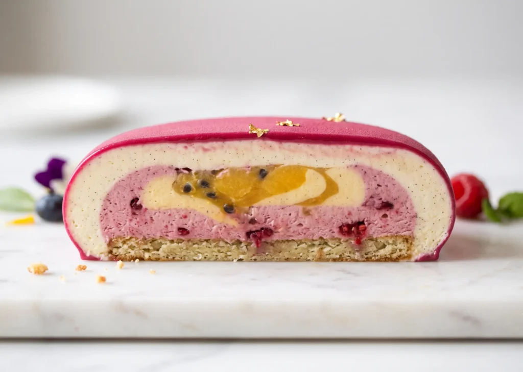 artisan cake quality check — cocoa butter shell and mousse texture evaluation