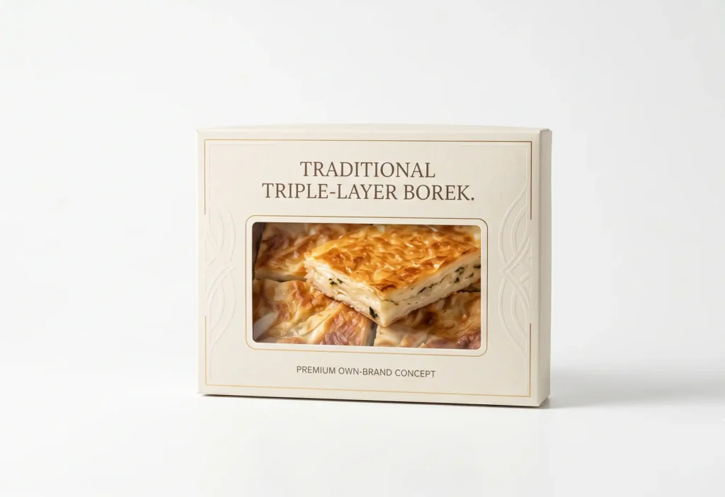 borek retail private label packaging — own-brand Turkish filo pastry for European supermarkets