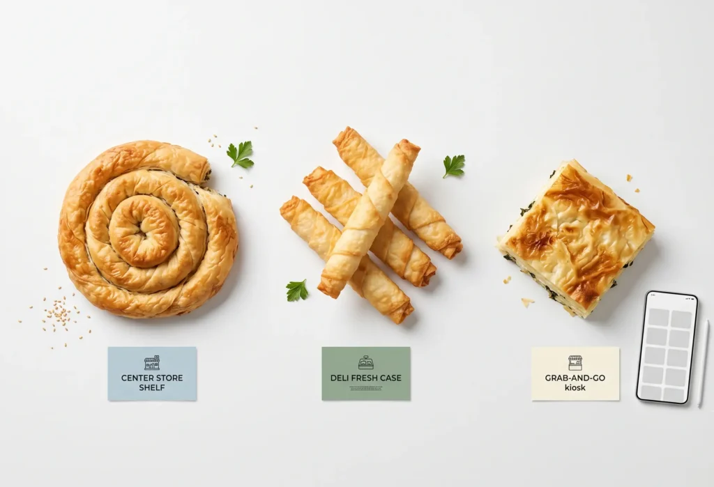 borek retail shelf positioning — frozen bakery aisle and world foods section options