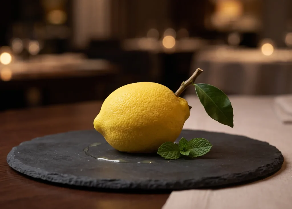 lemon cake sculpted to look like a real lemon for European fine dining and HoReCa