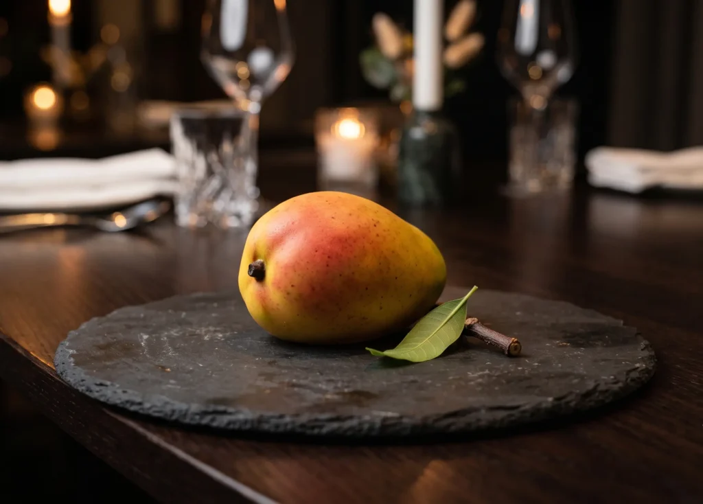 mango cake sculpted to look like a real mango for European fine dining and HoReCa