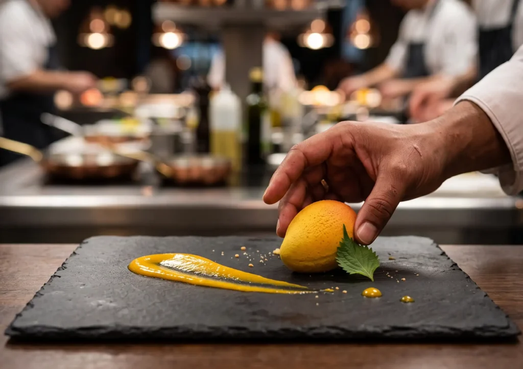 mango cake plated for fine dining service — realistic mango-shaped dessert