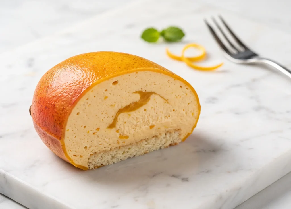 mango cake quality check — cocoa butter shell and tropical mousse evaluation