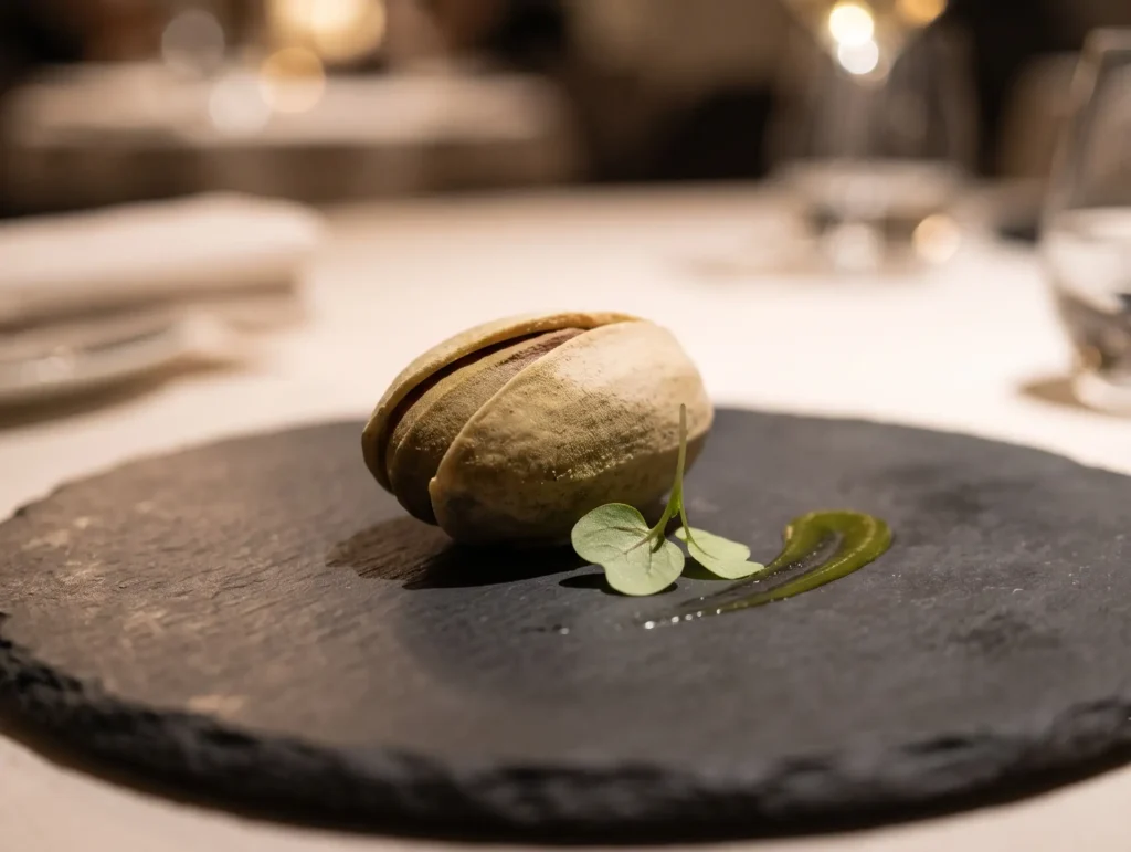 pistachio cake sculpted to look like a real pistachio for European fine dining and HoReCa