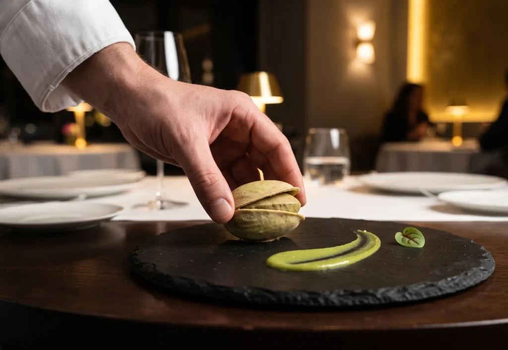 pistachio cake plated for fine dining service — realistic pistachio-shaped dessert