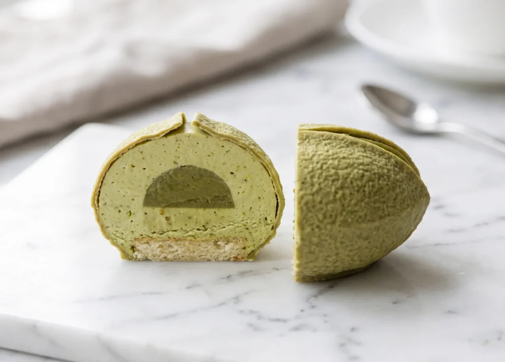 pistachio cake quality check — cocoa butter shell and pistachio mousse evaluation