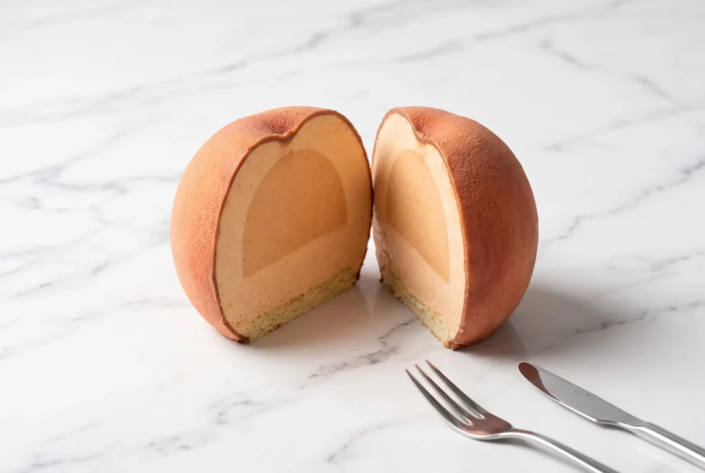 trompe l'oeil cake construction showing sponge, mousse and shell layers