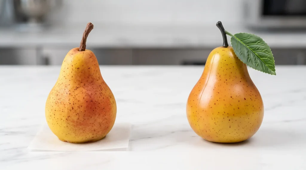 realistic fruit dessert comparison — edible pastry versus decorative fake fruit