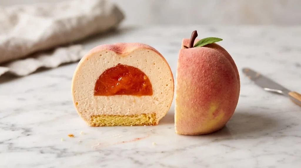 viral mousse cake layered construction showing sponge, fruit centre, mousse and shell