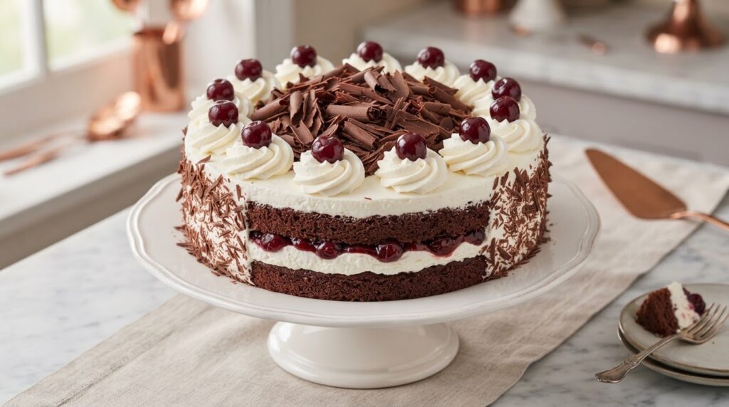 black forest cake whole with cherries and chocolate shavings for European HoReCa