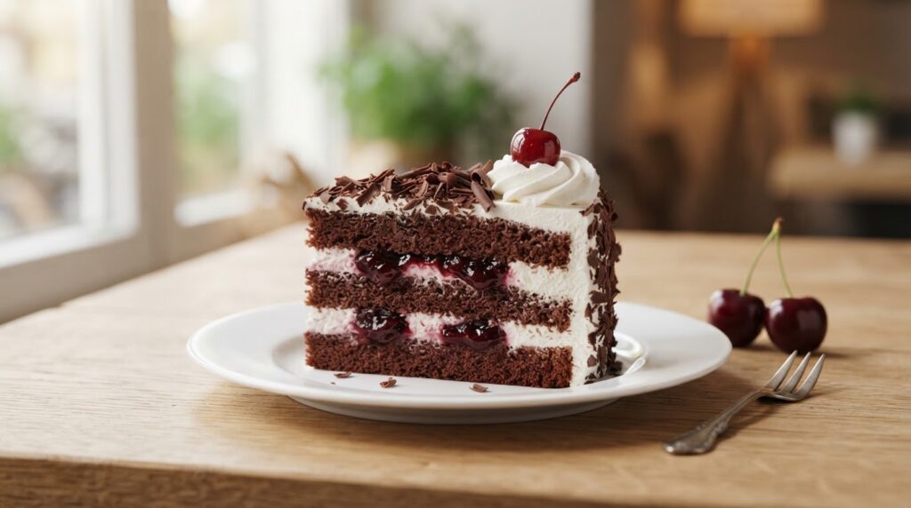 black forest cake slice showing chocolate sponge, whipped cream and cherry layers