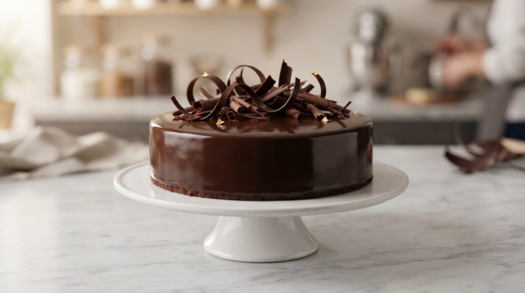 chocolate gateau with glossy dark chocolate finish for European wholesale buyers
