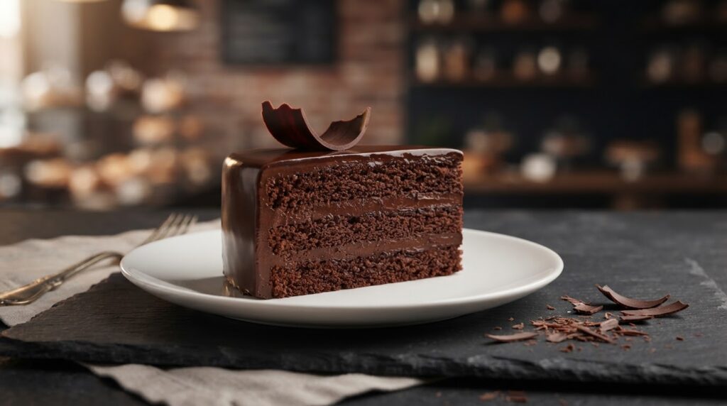 chocolate gateau slice showing chocolate sponge, chocolate cream layers and glossy chocolate coating