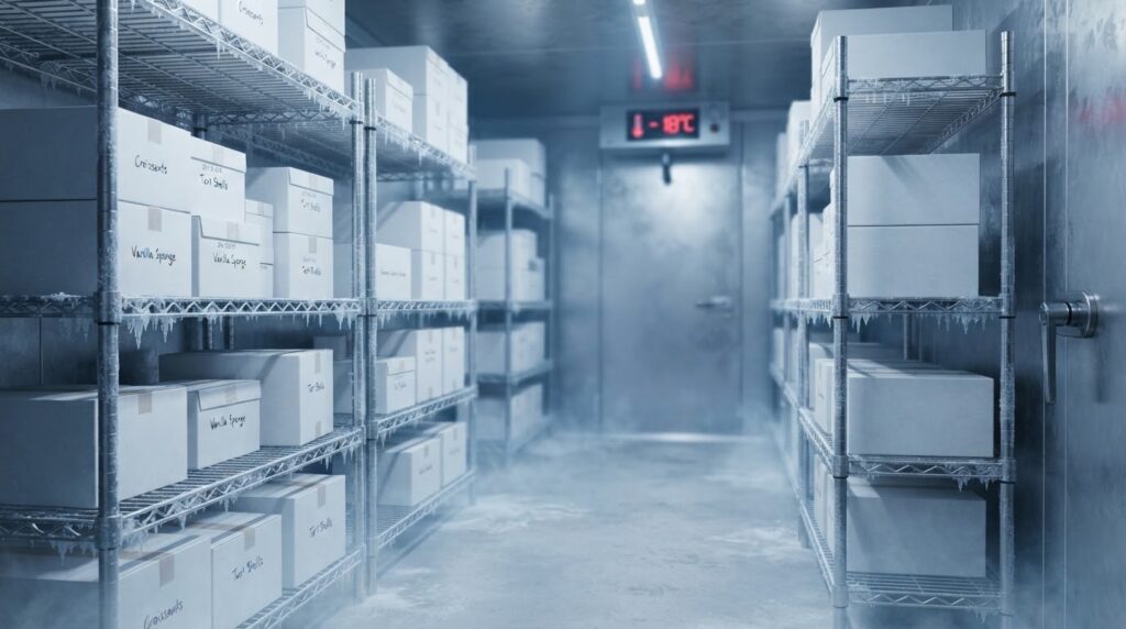 frozen cakes in cartons inside a professional kitchen freezer with temperature display