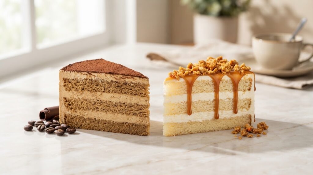 latte cake slices comparing a coffee cream style and a white milk cream style with caramel