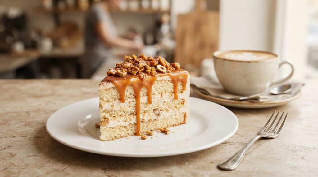 latte cake slice with white cream, caramel drizzle and krokan for European wholesale buyers