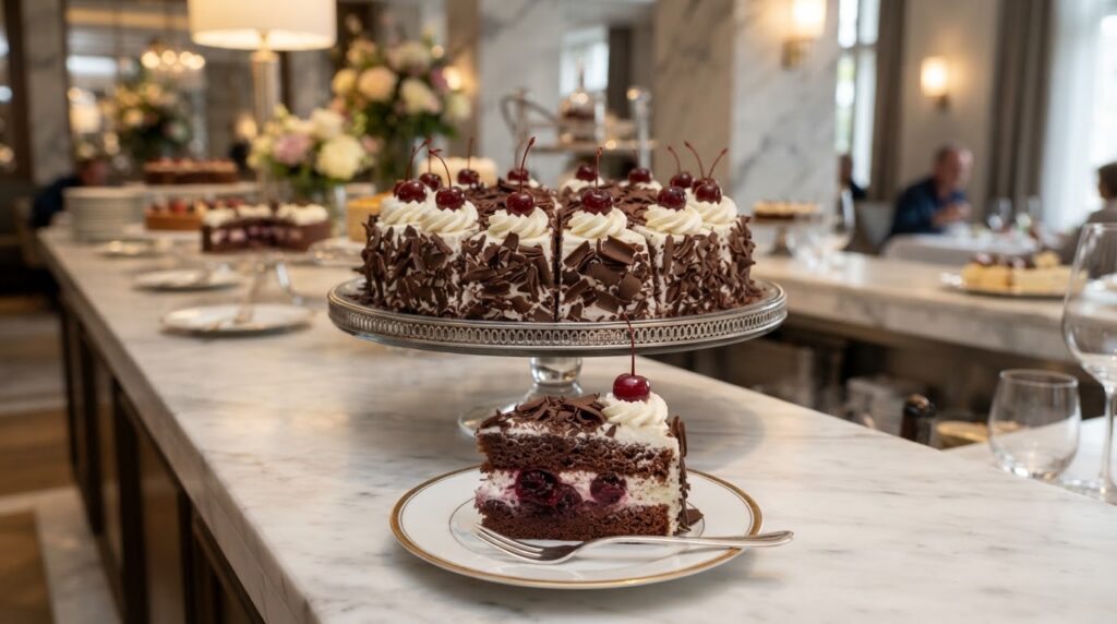 Lezza Foods black forest cake whole with 12 pre-cut slices on a hotel buffet
