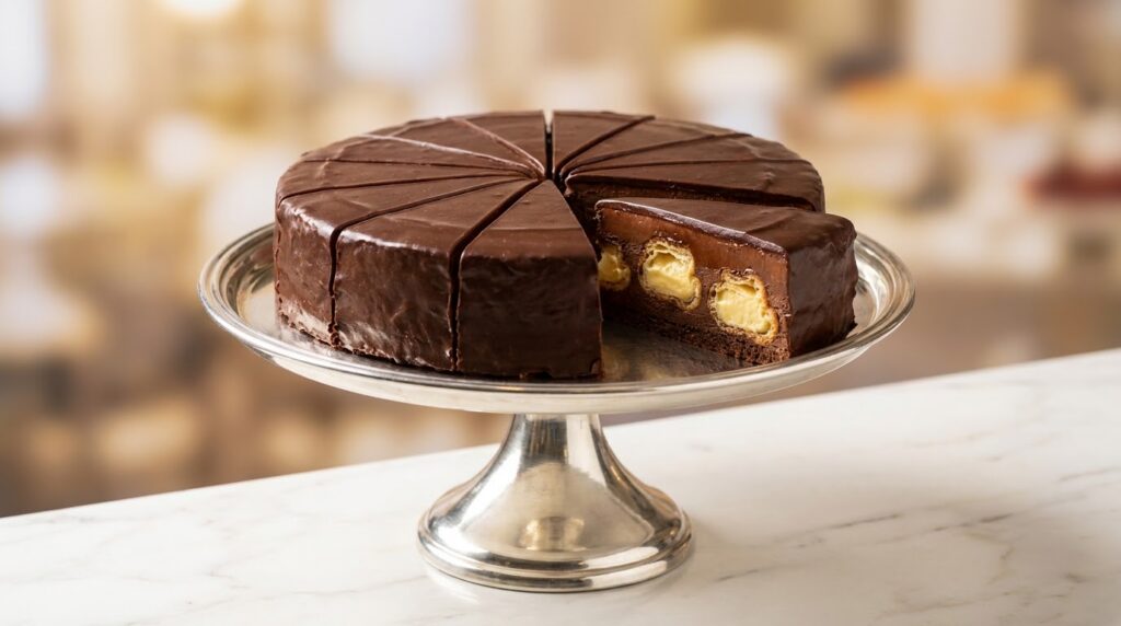 Lezza Foods dark chocolate profiterole cake with 12 pre-cut slices