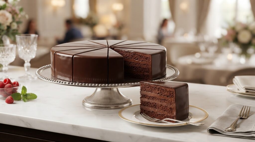 Lezza Foods dark chocolate gateau whole cake with 12 pre-cut slices on a hotel buffet
