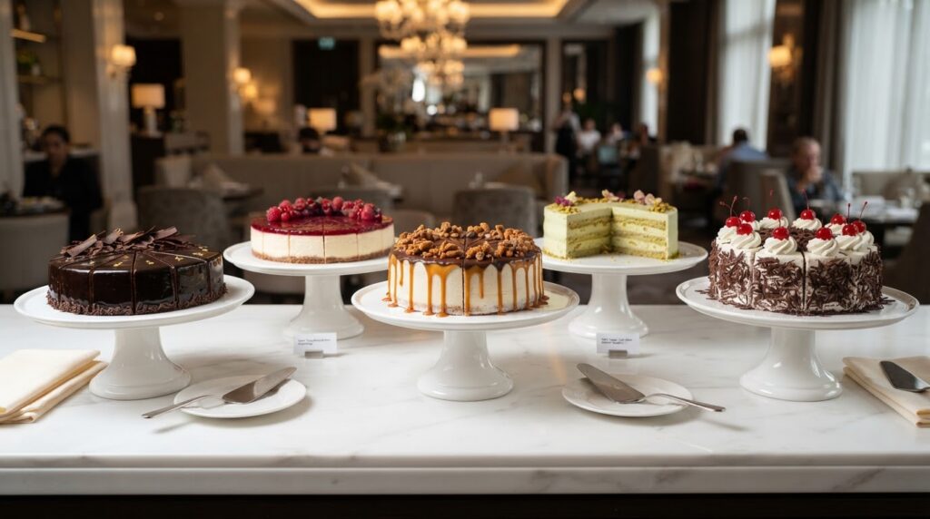 Lezza Foods frozen cakes range of pre-cut whole cakes on a hotel dessert buffet
