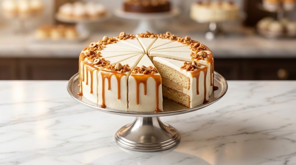 Lezza Foods latte cake whole with white cream, caramel drizzle and krokan, 12 pre-cut slices